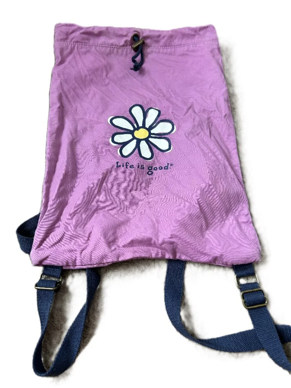 Life is Good Drawstring Sling Backpack Purple With White Daisy